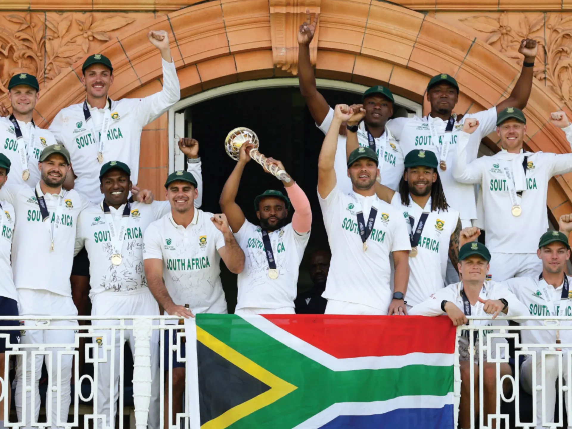 South Africa's Test cricket team celebrates winning the ICC World Test Championship final at Lord's, London, 2025